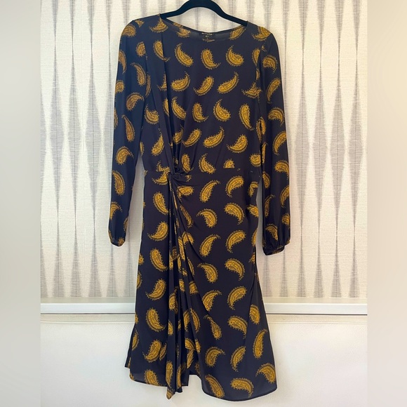 Massimo Dutti Midi Dress. Dark grey/brown with mustard paisley pattern. - Picture 1 of 8